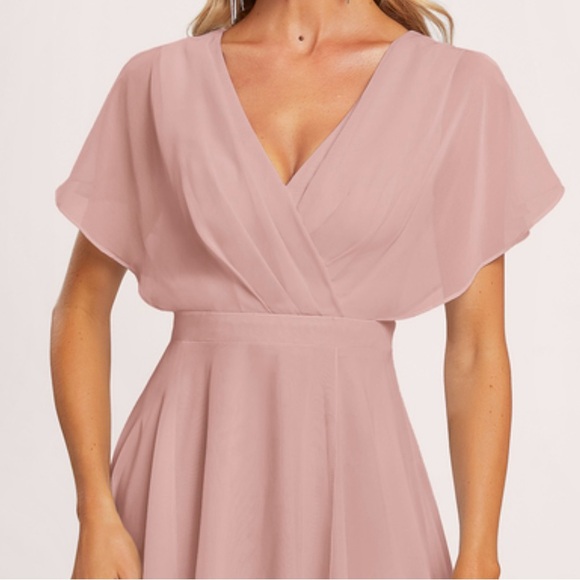 EUC A-line V-Neck Asymmetrical Chiffon Dress w/ Ruffle in Dusty Rose - 16W - Picture 10 of 11